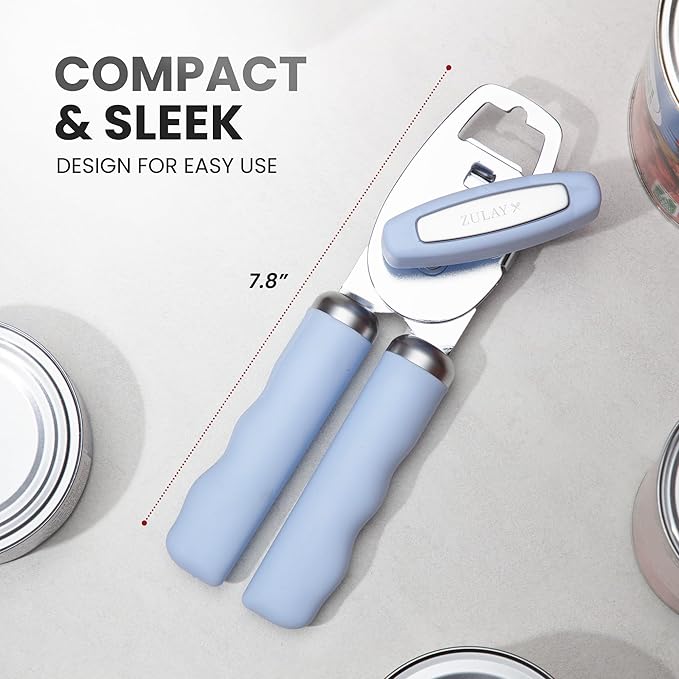 Zulay Kitchen Heavy Duty Stainless Steel Can Opener Manual with Bottle Opener - Rust Proof Manual Can Opener With Turn Knob & Comfy Soft Grip Handles - Light Blue