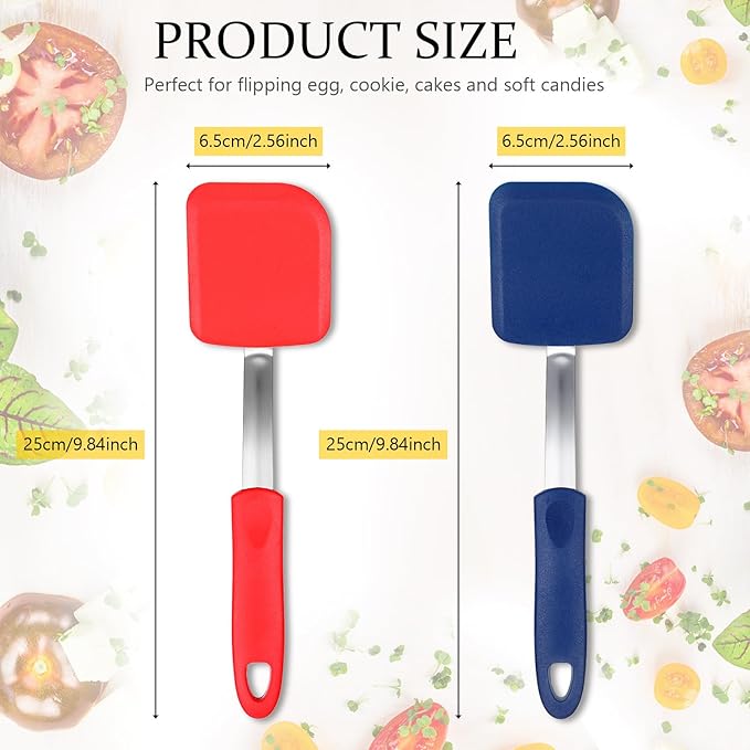 Yetene Silicone Cookie Spatula Turner 2 Pack Mini Brownie Spatula Flexible Kitchen Small Silicone Turner for Nonstick Cookware Heat Resistant No Scratch Flipper for Egg(Solid Flat,Red,Blue)
