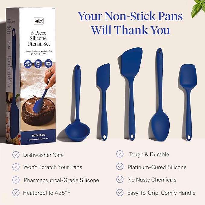 GIR 5-Piece Silicone Kitchen Utensils Set, Non-Toxic Cooking Utensils for Cooking and Baking, Heat Resistant, Food Grade, Dishwasher Safe Rubber Spatula, Ladle, Spoon - Royal Blue