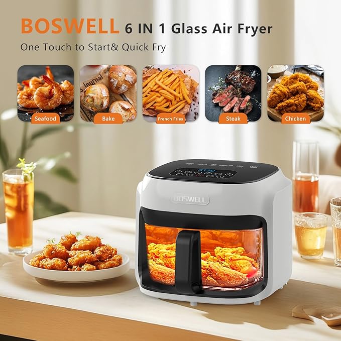 BOSWELL 7.5 QT Large Glass Air Fryer, 6-1 Preset Cook Modes