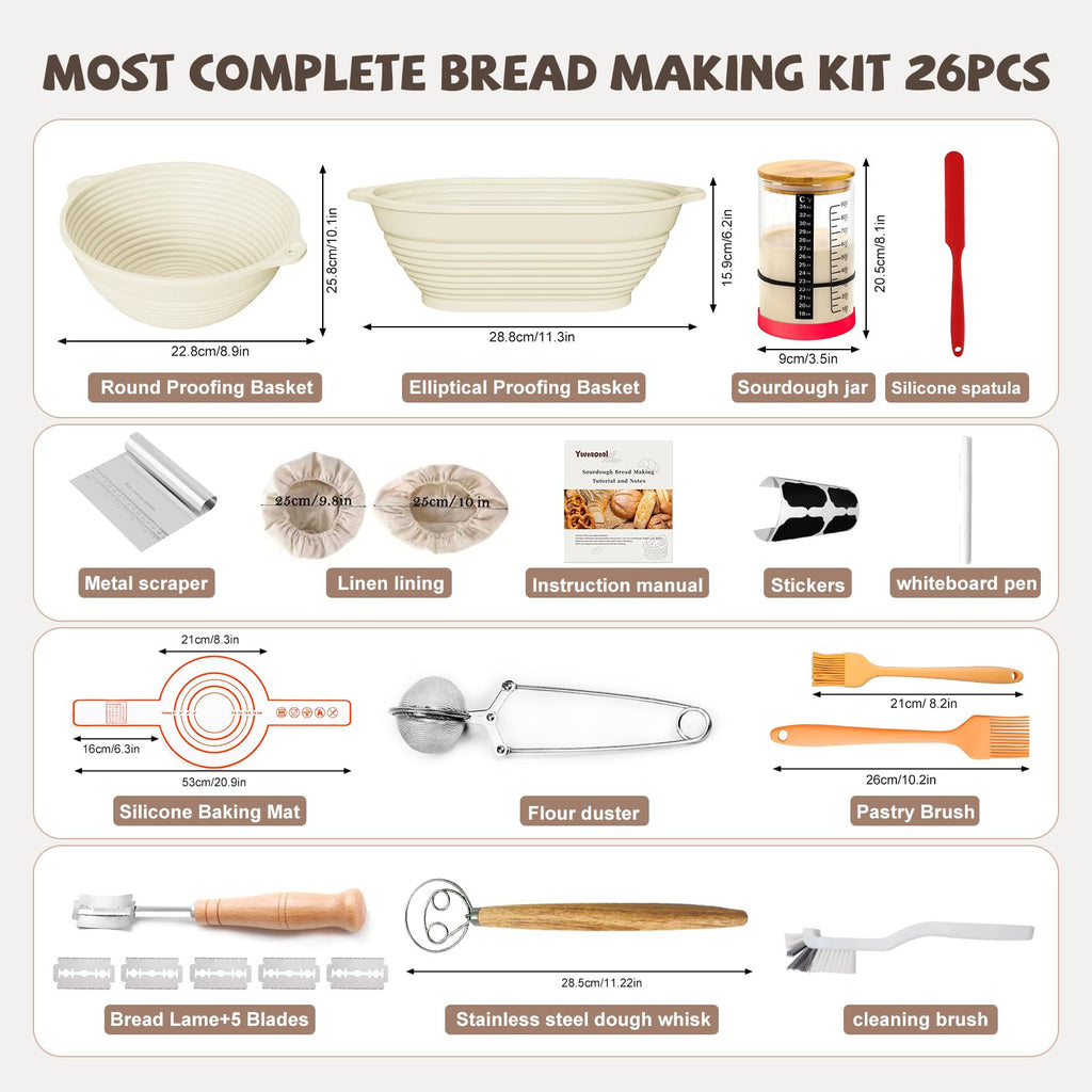 Sourdough Starter Kit, 26PCS Sourdough Bread Baking Supplies, Including a Sourdough Starter Jar (34OZ), Silicone Banneton Bread Proofing Basket Set of 2 (Yellow wood, Oversized glass mouth)
