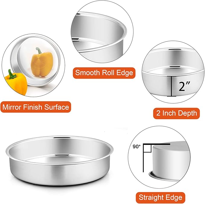 P&P CHEF 9.5 Inch Cake Pan Set of 4, Stainless Steel Round Cake Pans Tins