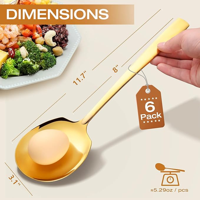 Extra Large Serving Spoons Set of 6-Piece, 11.7-Inch Gold Serving Slotted Spoon x 3 Serving Spoon x 3, Stainless Steel Serving Utensil for Buffet, Parties, Catering - Dishwasher Safe(6-Pack, Gold)