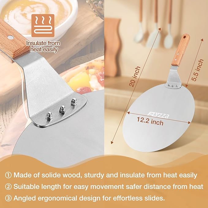 FLYZZA 12 Inch Stainless Pizza Peel, Pizza Spatula with Ergonomic Long Wood Handle for Pizza Oven Baking, Turing Peel for Pizza, Dough, Bread Pastry
