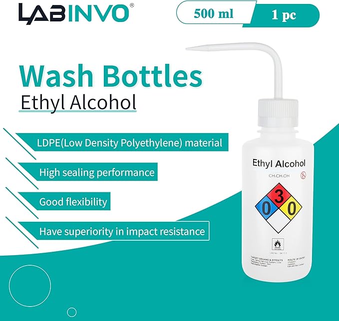 LABINVO Ethyl Alcohol Wash Bottles, 1PC of Vol.500ml (17oz), Narrow Mouth, Self-Venting Safety Wash Bottles, LDPE Material,IN-WBE501