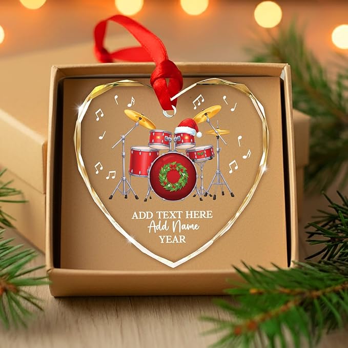 Personalized Drum Set Christmas Glass Ornaments 2026, Drum Xmas Ornament with Custom Text Name & Year, Drummer Christmas Tree Ornament for Men Women, Decoration Gift for Drummer Band Music