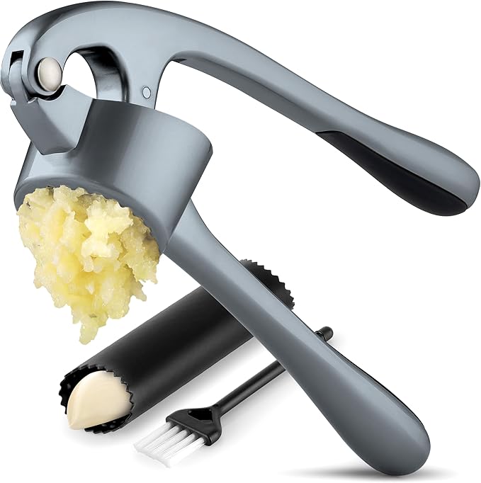 Zulay Kitchen Large Premium Garlic Press Set - Bigger Bowl for Bigger Garlic - Rust Proof Garlic Mincer Tool - Easy-Squeeze, Easy-Clean Silicone Garlic Peeler & Brush (Slate)
