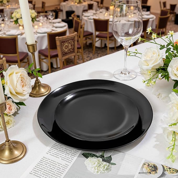 PULOTE 60 PCS Black Plastic Plates - Include 30 Dinner and 30 Dessert Plates, Black Disposable for Party,Birthday & Graduation