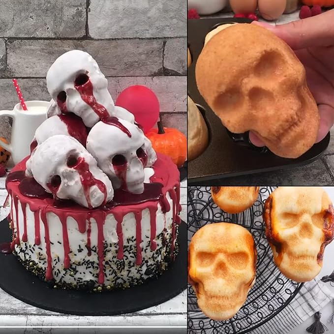 HUAKENER 2 Pack Skull Cake Pan, 3D Skull Silicone Molds, Halloween Molds