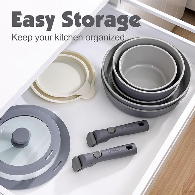 SENSARTE 17 Piece Ceramic Detachable Handle Pots and Pans Set Gray