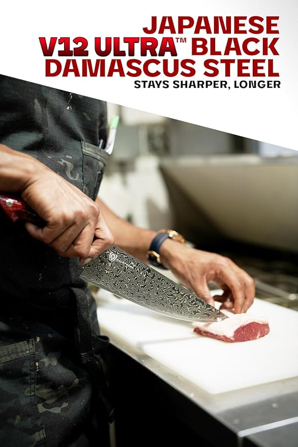 Dalstrong 8" Chef Knife — AUS-12V Steel, 66+ HRC Hardest Build — For Daily Precision Cooking & Dark Kitchen Builds — Black Damascus, Honeycomb Handle, Scorpion ELITE, customer support