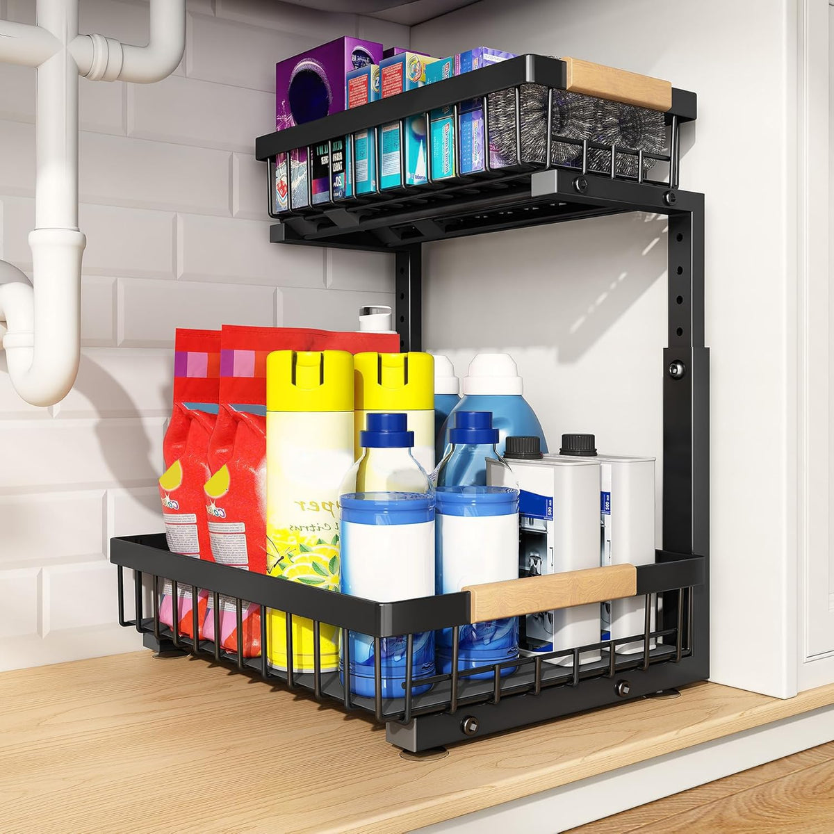 PXRACK Under Sink Organizer, Adjustable Height, 2 Tier Pull Out Under Cabinet Organizer, Slide Out Thickened Metal Under Sink Storage for Kitchen Bathroom Laundry Pantry Cabinet, White, Large-1-Pack