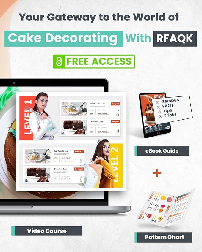 RFAQK 90PCs Cake Decorating Kit for Beginners, Baking Supplies Includes Cake Turntable, Cake Leveler, 24 Icing Piping Tips, 56 Piping Bags, 2 Couplers, Spatulas, Scrapers, Video Course and Booklet