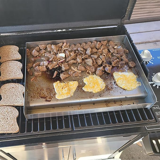 DEWOSEN Universal Stainless Steel Griddle Flat Top Plate Grill-Top Griddle Pan with Even Heating Cross Bracing for BBQ Charcoal/Gas Grills, Camping, Tailgating, and Parties (17"*13")