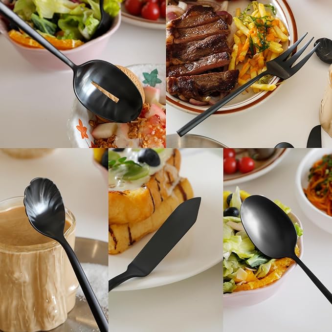 DEACORY Black Silverware with Serving Utensil Hexagon Handle Service for 8