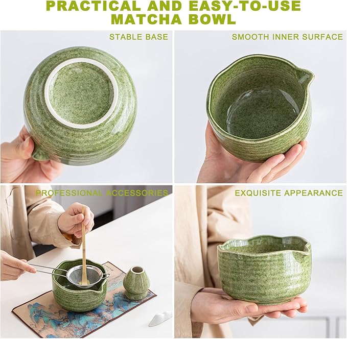 Matcha 7-Piece Set, Japanese Matcha Ceremony Kit with Chawan Bowl, Bamboo Whisk and Strainer, Great Gifts for Mom, Grandma, Wife, Women, Birthday, Mother’s Day, Graduation, Home Decor (Matcha Green)