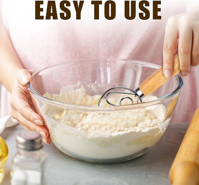 TEEVEA Danish Dough Whisk Wooden Handle Stainless Steel for Sourdough Bread