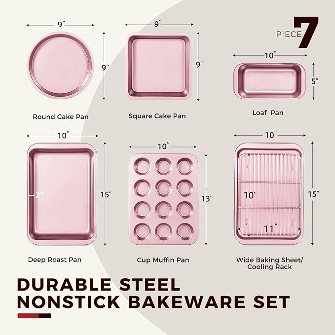 KITESSENSU Baking Pans Sets, Nonstick Bakeware Sets 19-Piece with Round/Square Cake Pan, Loaf Pan, Muffin Pan, Cookie Sheet, Roast Pan, Cooling Rack, Carbon Steel Bake Set Pink