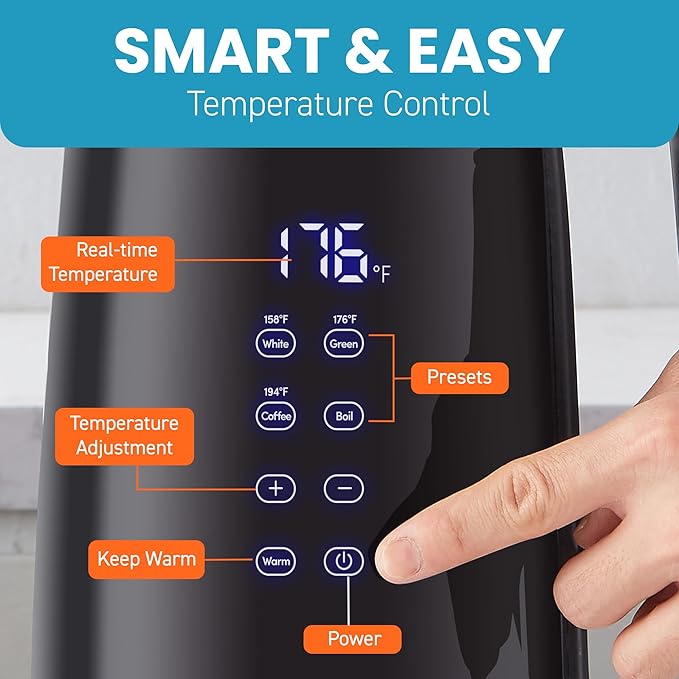Elite Gourmet 1.7L Dual-Wall Cool-Touch Tea Kettle, Touchscreen, Black