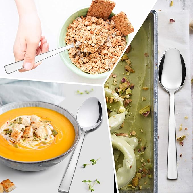 E-far Dinner Spoons Set of 6, 7.9 Inch Stainless Steel Soup Spoons Tablespoons for Home, Kitchen or Restaurant, Non-toxic & Mirror Polished, Squared Edge & Dishwasher Safe