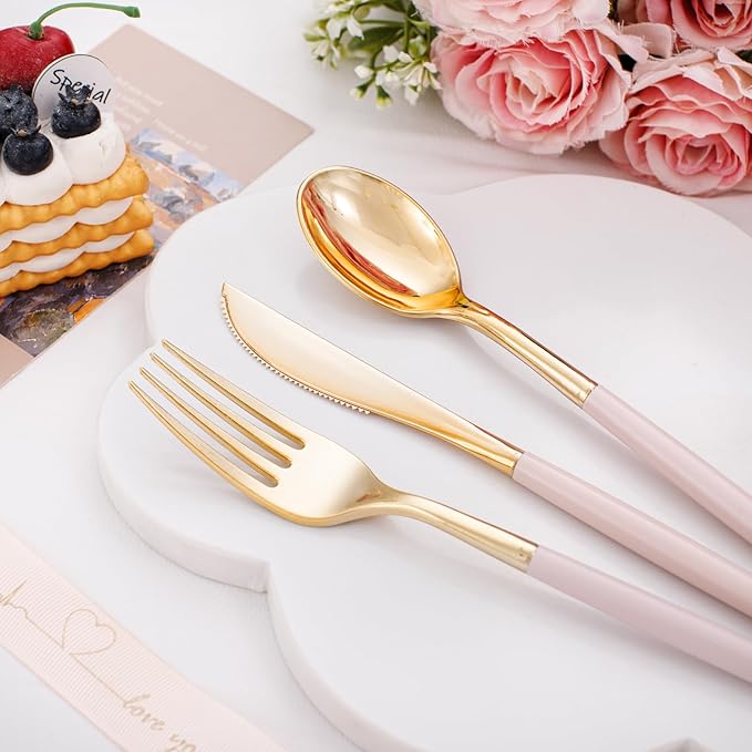 I00000 60 Pcs Pink Plastic Silverware, Fancy Gold Utensils with Pink Handle