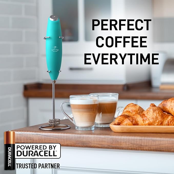 Zulay Kitchen Powerful Milk Frother Wand With Duracell Batteries - Ultra Fast Handheld Drink Mixer - Electric Whisk Foam Maker for Coffee, Lattes, Cappuccino & Matcha - Double Whisk - Caribbean Aqua