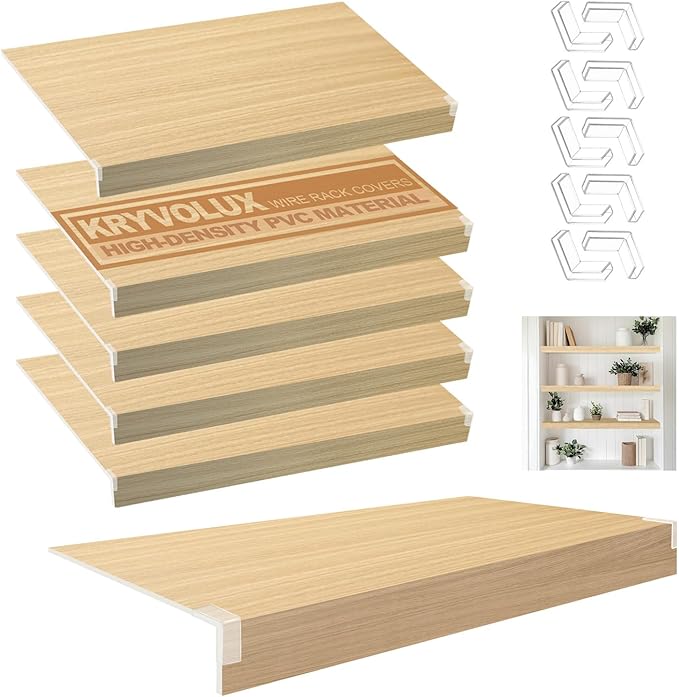 5 Pcs Wire Rack Covers 24x16x2.5 inch PVC Pantry Shelf Cover 0.31 inch Thick Removable Closet Wire Rack Shelf Covers,Decoration Kitchen Bathroom Office Shelving (Wood Color,24x16x2.5inch)