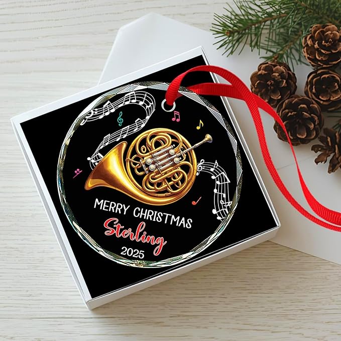 Musical Instrument Glass Ornament Christmas 2026, Personalized French Horn Player Xmas Ornaments, French Horn Glass Ornament Gifts for Musician, Custom Text & Name Instrument Lover Christmas Keepsake