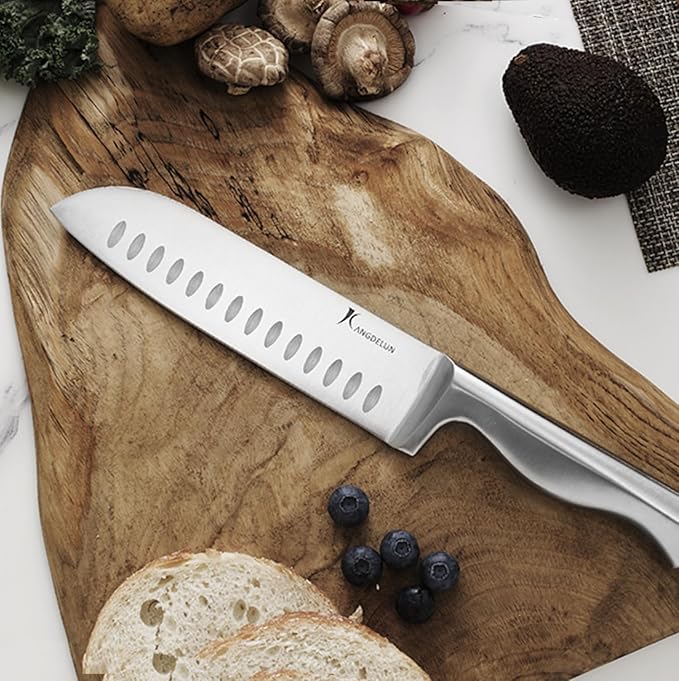 Kangdelun 15-Piece Ultra Sharp Kitchen Knife Set with Wooden Block, Exclusive Ergonomic Anti-Slip Handle, High-Carbon 50CR15MOV Steel, Angled Design, Natural Wood Block