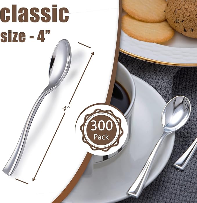 WDF 300 Pieces Plastic Silver Mini Spoons - 4 Inches Silver Plastic Tasting Spoons for Desserts, Heavy Duty Disposable Spoons Perfect for Coffee, Cake, Desserts, Appetizers for Wedding Spring Party