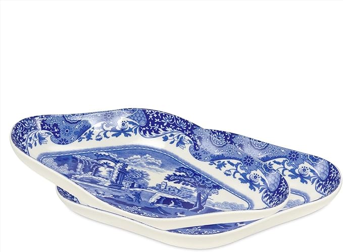 Spode Blue Italian Pickle Dishes, Set of 2 - Countryside & Scroll Border