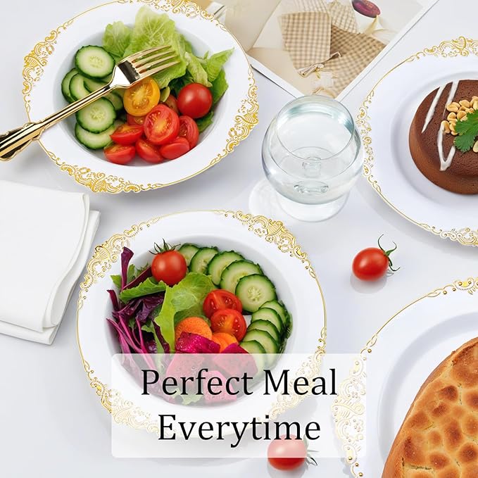 Nervure 50PCS White Plastic Bowls with Gold Rim - 12oz Disposable Soup Bowl
