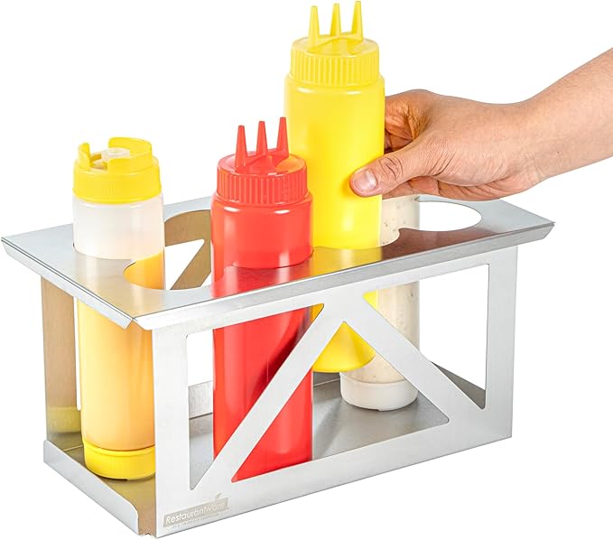 Restaurantware Squeeze Bottle Holder 1 Count Fits 1/3 Size Pan 12.79 x 7.09 x 6.26 Inch Stainless Steel Condiment Bottle Organizer - Durable Kitchen Prep Bottle Rack - Silver