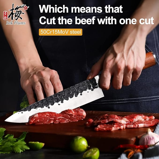 Ink Plums 8 inch Kitchen Chef's Knife, German High Carbon Stainless Steel Sharp Knife, Professional Meat Knife with Brazilian Rosewood Handle and Gift Box for Family & Restaurant