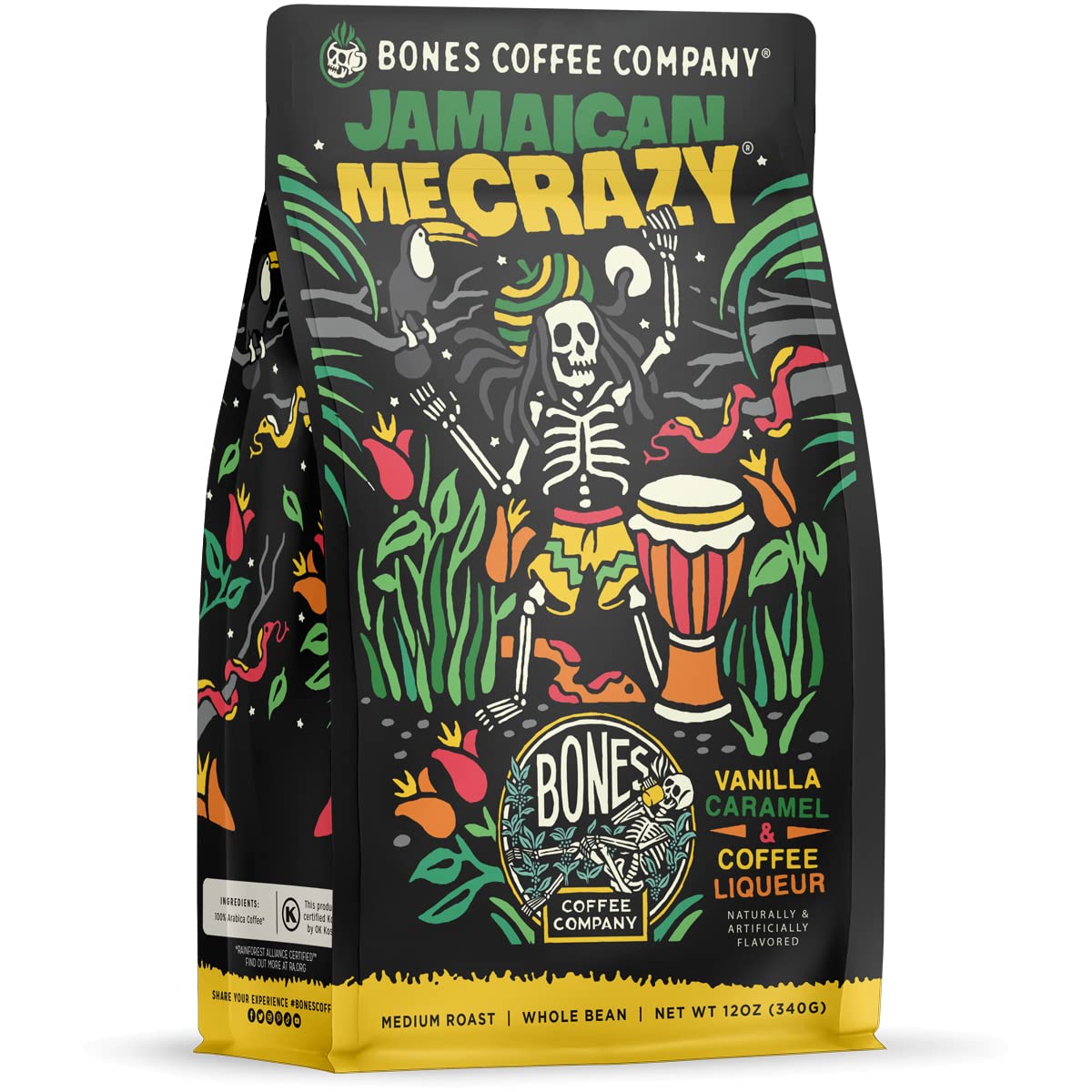 Bones Coffee Company Jamaican Me Crazy, Vanilla Caramel Flavored Coffee, Medium Roast Low Acid Arabica Beans Compatible with Auto drip and French Press Coffee Maker, 12 Oz Ground