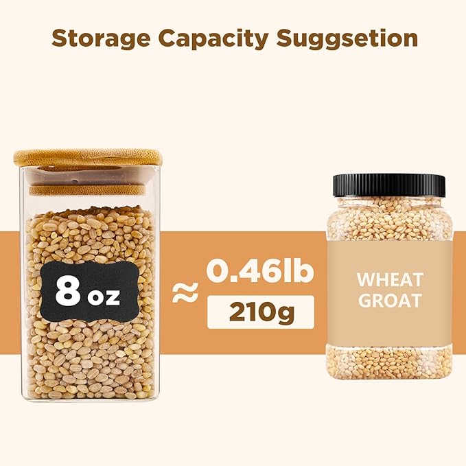SHOWIN Glass Food Storage Jars Square 8oz, 12 Pack Glass Jars With Bamboo Lids, Kitchen Storage Containers For Spice, Candy, Cookie, Storage For Pantry Organizers
