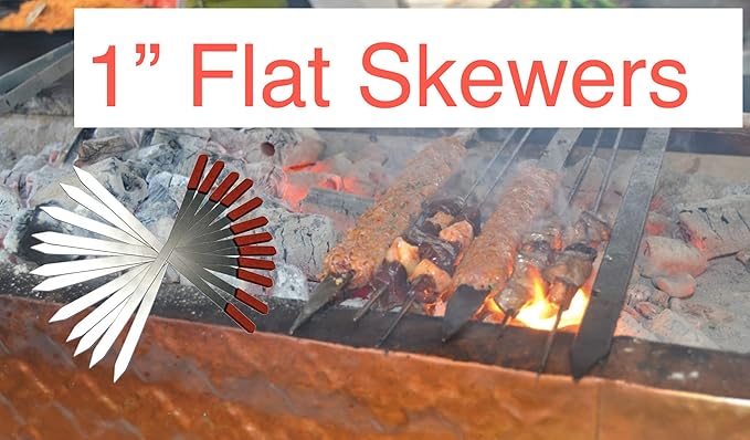 eMart4u Kabob Skewers for Grilling – 1" Wide, 24" Long Flat Stainless Steel BBQ Skewers with Wood Handle | 1 FREE Skewer | Shish Kebab for Persian, Brazilian, Koubideh (12pcs)