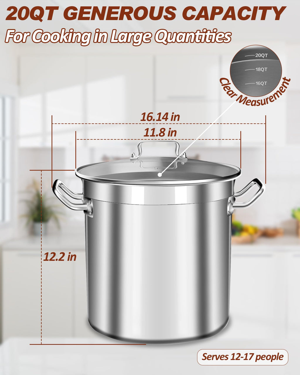 Large Stock Pot 20 Quart - Commercial Grade Soup Pot With Glass Lid - Nickel Free Stainless Steel Cookware - Healthy Polished Stockpots - Heavy Duty Induction Pots
