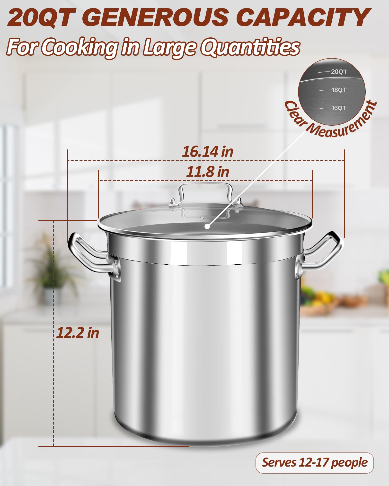 Large Stock Pot 20 Quart - Commercial Grade Soup Pot With Glass Lid - Nickel Free Stainless Steel Cookware - Healthy Polished Stockpots - Heavy Duty Induction Pots