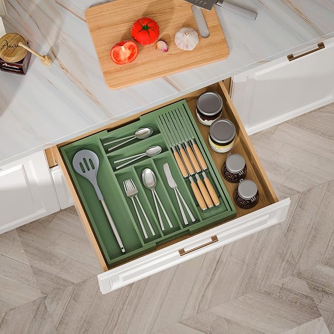 TIOPGHAD Expandable Bamboo Silverware Drawer Organizer Tray, Grayish Green