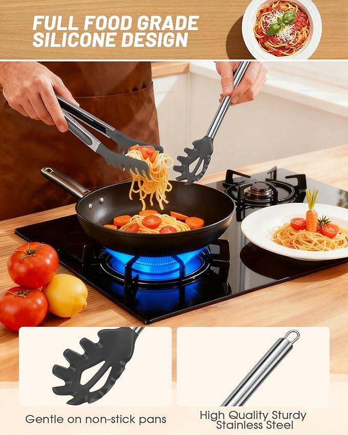 Spaghetti Spoon and Pasta Tong with Teeth and Drain Holes, 2-Piece Non-Stick Silicone Spoon Server Fork with Stainless Steel Handle, Kitchen Tong for Cooking, Serving, Salad and Noodles, Grey