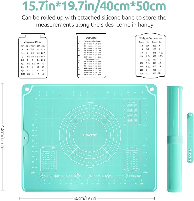 U-Taste Silicone Pastry Mat, Dough Rolling Baking Sheet, 16"x20", Aqua Sky