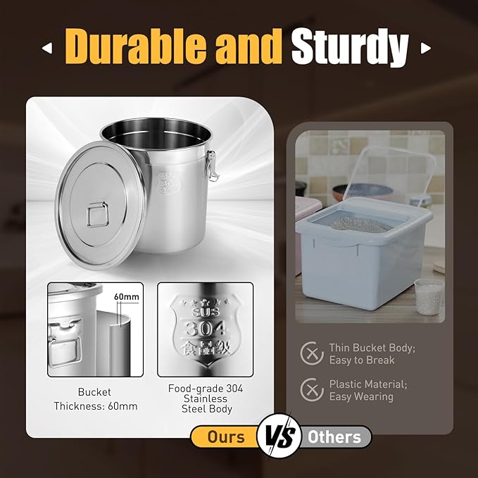 Beaccoss 304 Stainless Steel Airtight Canister for Kitchen, 8.7Gal Canisters Container with Lids and Sturdy Locking Clamp,Bucket Food Storage Containers Airtight for Flour Coffee Bean Tea (33L)