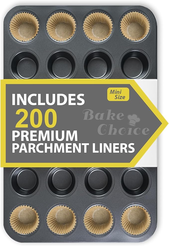Bake Choice Mini Muffin Pan with 200 Cupcake Liners, Mini Cupcake Pans