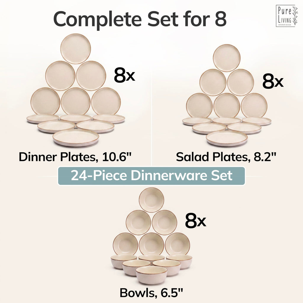 Stoneware dinnerware set 8 persons Rustic 24 pcs - Rustic design dinnerware set, dishwasher safe - Bowl and plate set - Pure Living dinnerware in beige…