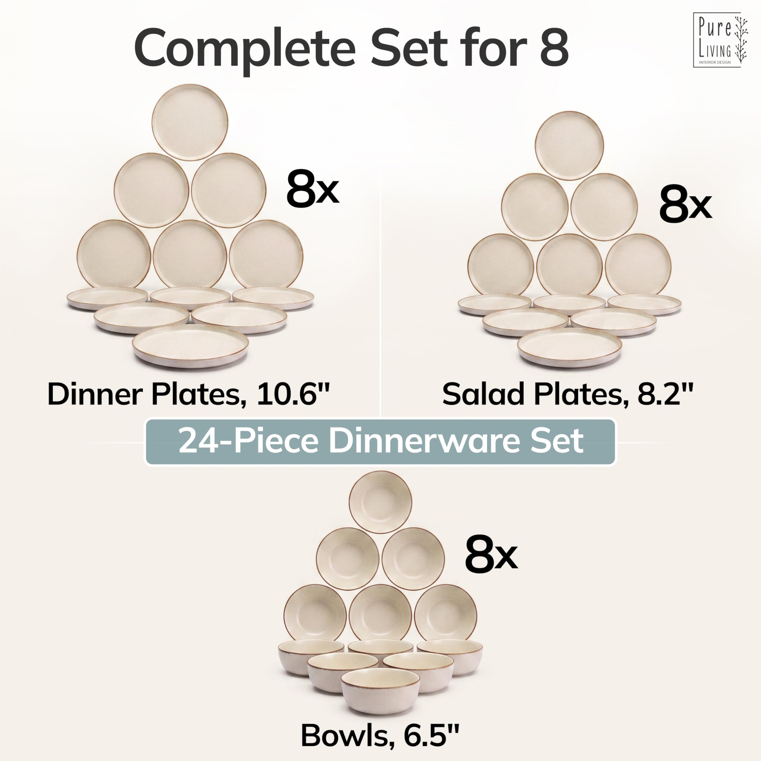 Stoneware dinnerware set 8 persons Rustic 24 pcs - Rustic design dinnerware set, dishwasher safe - Bowl and plate set - Pure Living dinnerware in beige…