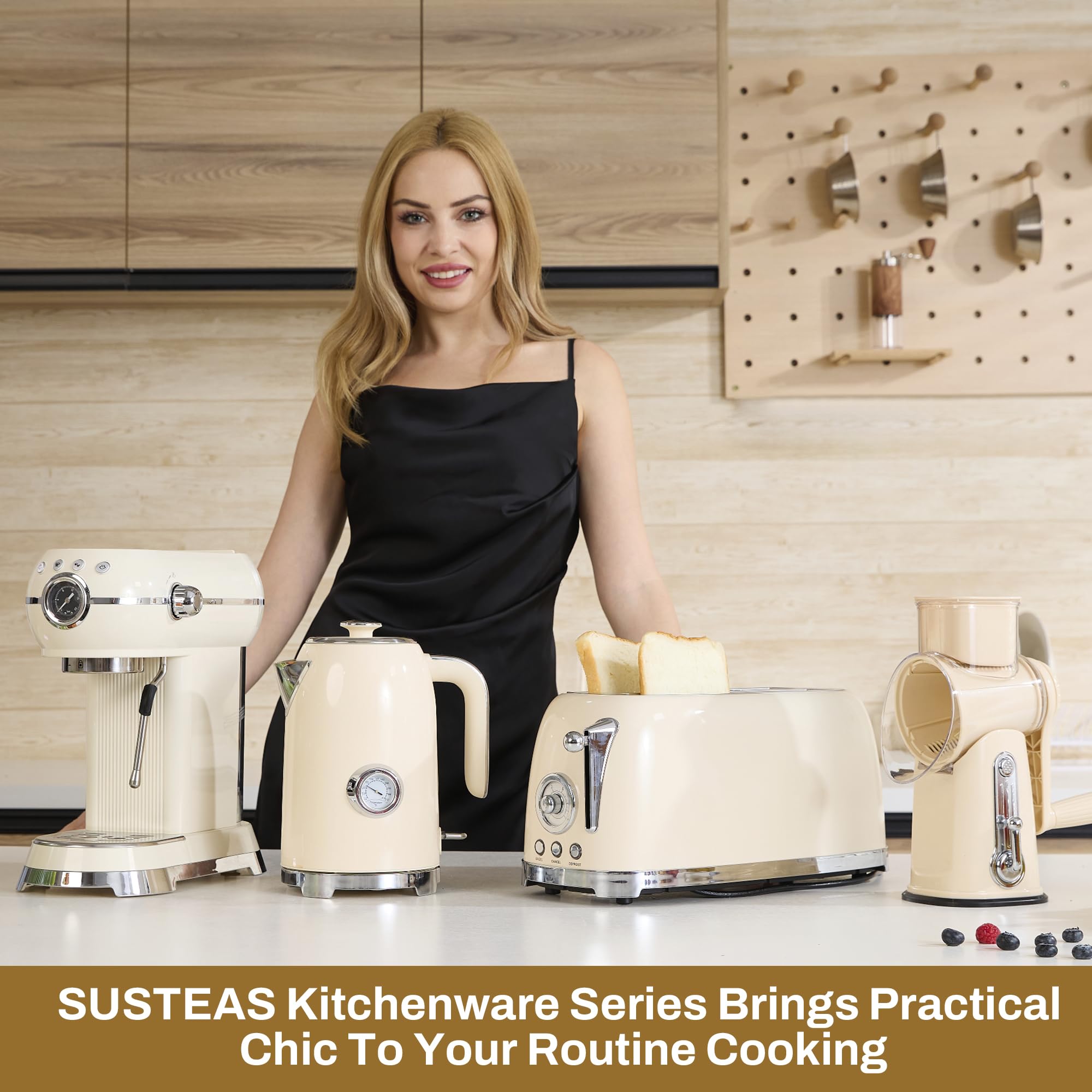 SUSTEAS Toaster 4 Slice Wide Slot, Stainless Steel Bread Bagel Toasters, Retro Long Slot Tostadora for Defrost, Reheat, Removable Crumb Tray, 1500W, 6 Browning Settings, Beige