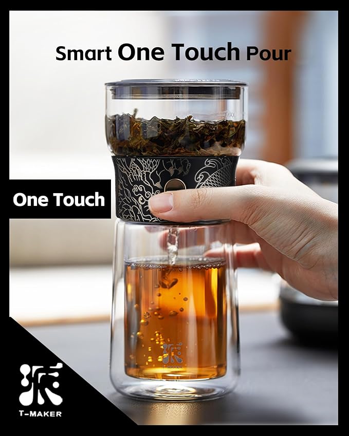 ZENS Glass Infuser Teapot, Cool One Touch Tea Maker For Loose Tea, Dragon