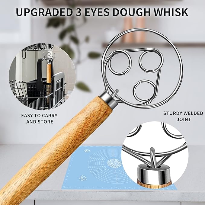TEEVEA Danish Dough Whisk Wooden Handle Stainless Steel for Sourdough Bread