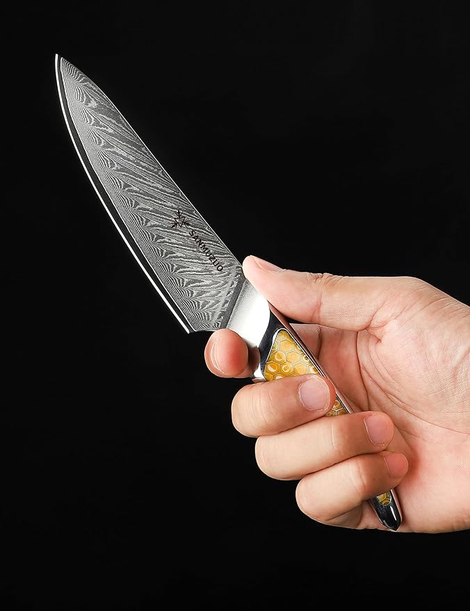 SANMUZUO 5 inch Utility Knife, Japanese VG-10 Damascus Steel Kitchen Knife, Ultra Sharp Fruit Knife with Full-tang Handle in Yellow Resin, LA-S9 Series